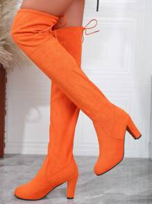 Women's Over-the-knee Thick Heeled Fashion Boots With Tassel Tie - Orange - View 1