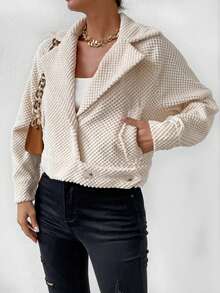 SHEIN Essnce Lapel Neck Raglan Sleeve Slant Pockets Jacket - Beige - View 6