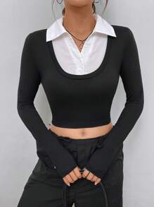 SHEIN Unity 2 trong1 Áo phông Crop - màu đen - Xem 1