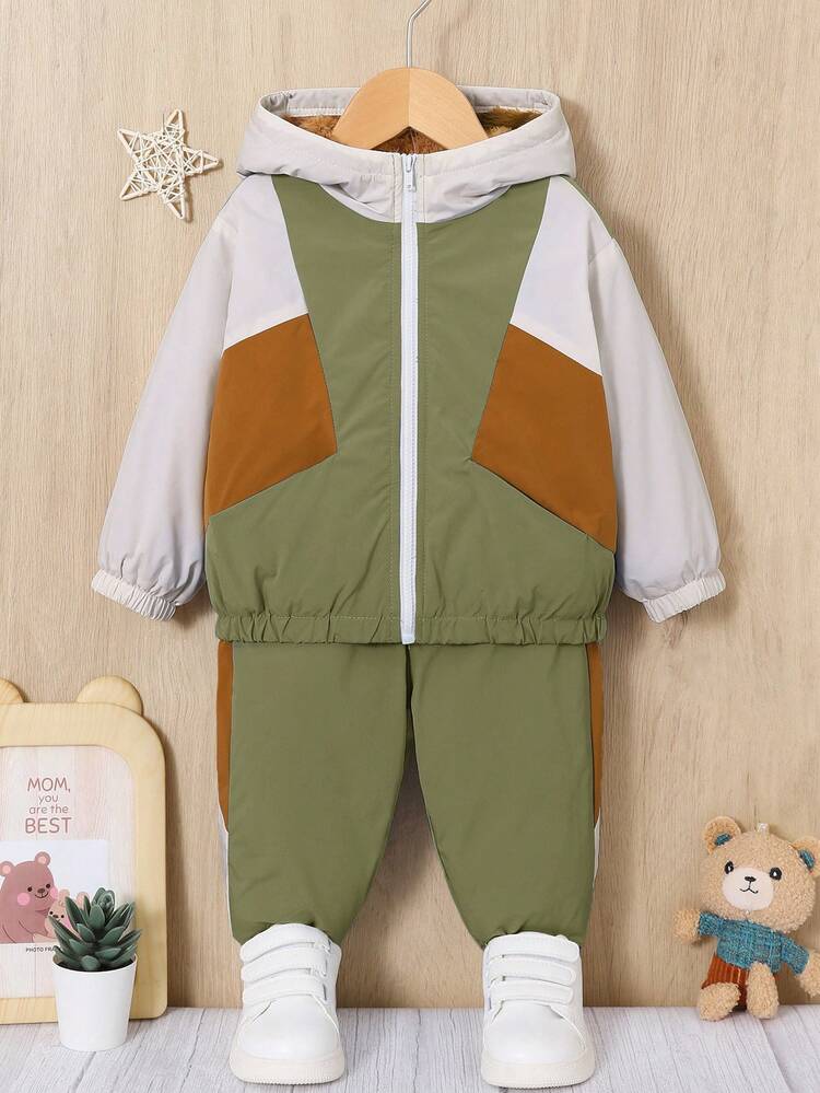 Baby Boy Colorblock Zip Up Hooded Jacket & Pants Without Tee
