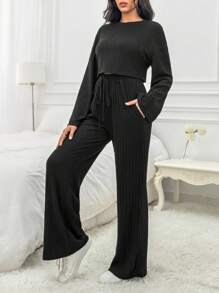 SHEIN EZwear Áo thun trễ vai & quần ống rộng eo dây rút - màu đen - Xem 3