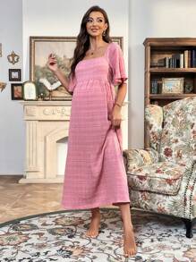 SHEIN Maternity Square Neck Butterfly Sleeve Dress - Pink - View 3