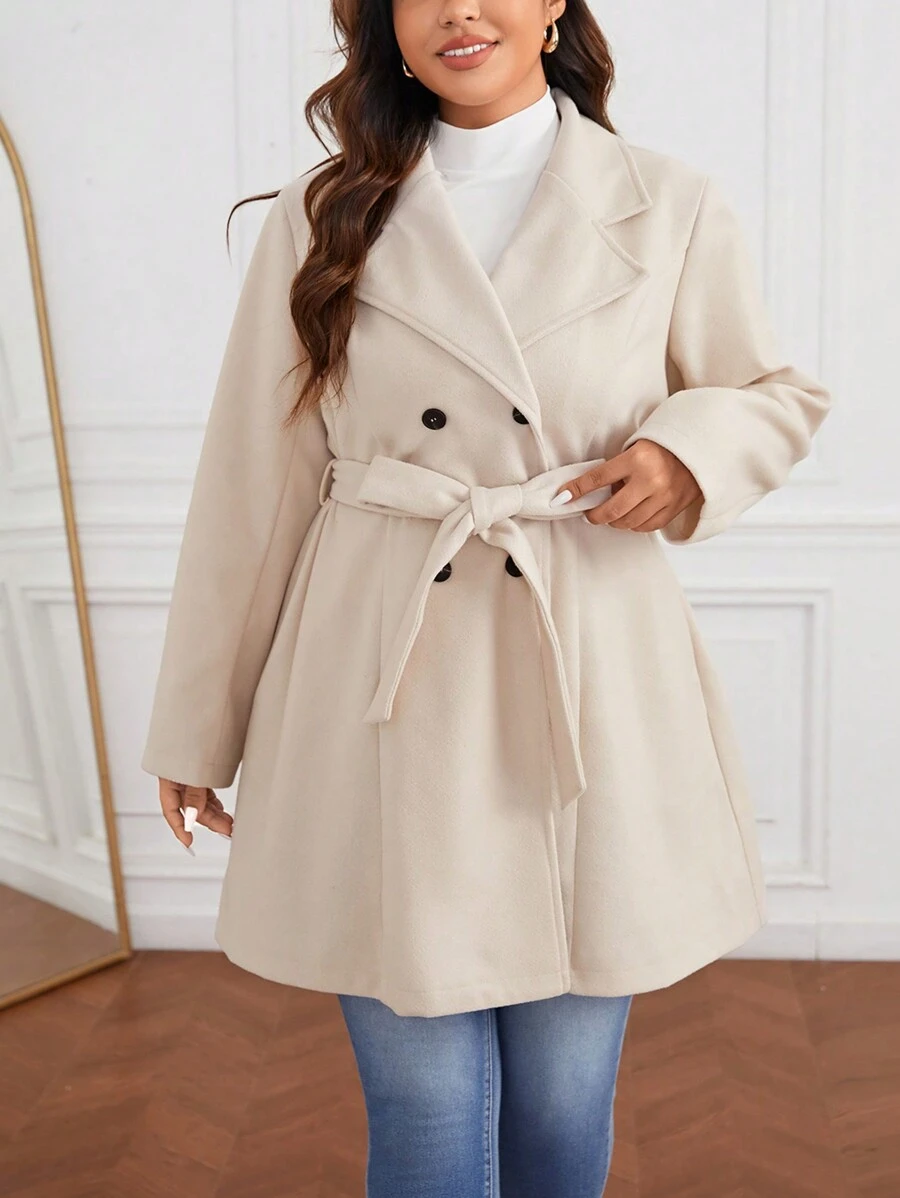 SHEIN Privé Hơn Cổ áo Đôi ngực Thắt lưng Áo khoác - Màu be - Xem 1