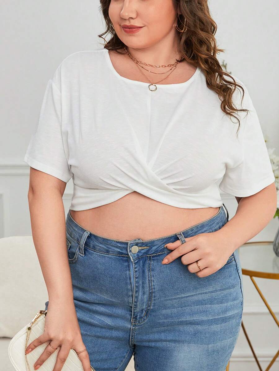 SHEIN Essnce Hơn Quấn chéo Mặt trước Áo phông Crop - trắng - Xem 1