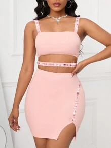 SHEIN Slayr Letter Graphic Cut Out Split Hem Cami Dress - Pink - View 3