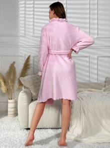 Heart Embroidery Ruffle Trim Belted Flannel Robe - Baby Pink - View 2