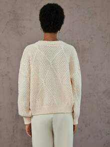 SHEIN LUNE 純色落肩毛衣 - 米色 - 查看 2