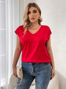 Vionelle Plus Solid Batwing Sleeve V Neck Tee For New Year Clothes - Red - View 4