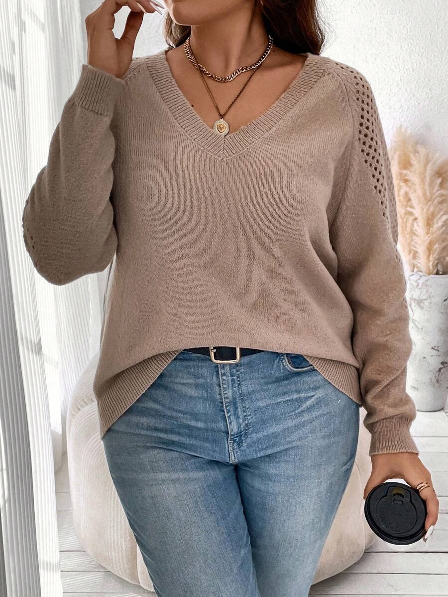 Flirla Plus Raglan Sleeve Pointelle Knit Sweater Knit Pullover Fall Winter Sweater - Apricot - View 1