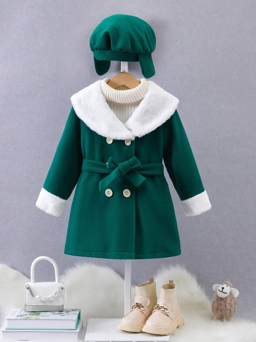 SHEIN 年輕女孩 1 入組博格領雙排扣束帶大衣和帽子 - 墨綠色 - 查看 1