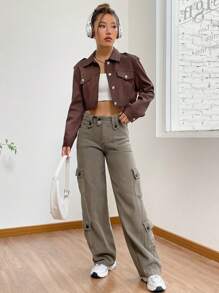 SHEIN EZwear Cazadora crop con diseño de solapa - Marrón - Ver 3