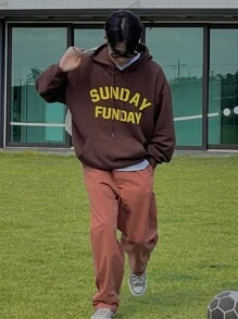 DAZY 男士字母圖案袋鼠口袋落肩袖抽繩連帽衫不帶T恤 - 棕色 - 查看 6