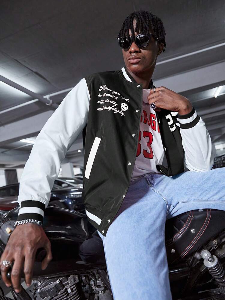 Oversized Men's Letter Graphic Two-Tone Varsity Jacket, For Fall Winter