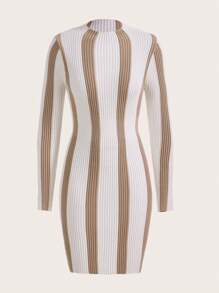 SHEIN Clasi 條紋圖案小高領毛衣洋裝 - 米色 - 查看 6