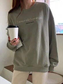 DAZY Đồ họa Khẩu hiệu Thả vai Áo chui đầu Oversized - màu xanh lá - Xem 6