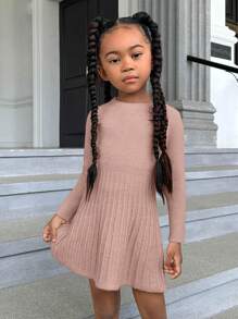 SHEIN 女小童素色條紋針織毛衣洋裝不附腰帶 - 粉色 - 查看 4