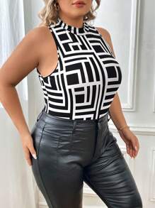 SHEIN Essnce Plus Geo Print Mock Neck Bodysuit - Black and White - View 4