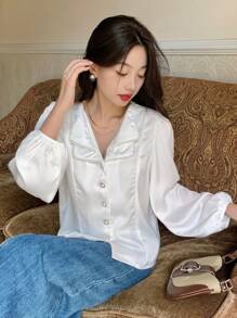 DAZY Pearls Beaded Lantern Sleeve Button Front Satin Blouse,Long Sleeve Tops,Fall Clothes - White - View 9