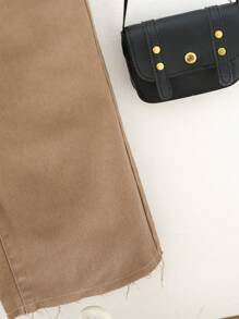 SHEIN Playful Pals 年轻女孩学院风休闲卡其色全松紧腰阔腿七分裤，配有扁平口袋 - 棕色 - 查看 6