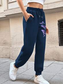 EURMUSE 蝴蝶印花抽繩腰運動褲 - 藏蓝色 - 查看 5