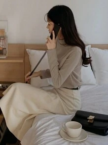 DAZY Women's Basic Thermal Lined Mock Neck Slim Fit Solid Color T-Shirt Fall,Winter Long Sleeve Top - Khaki - View 7