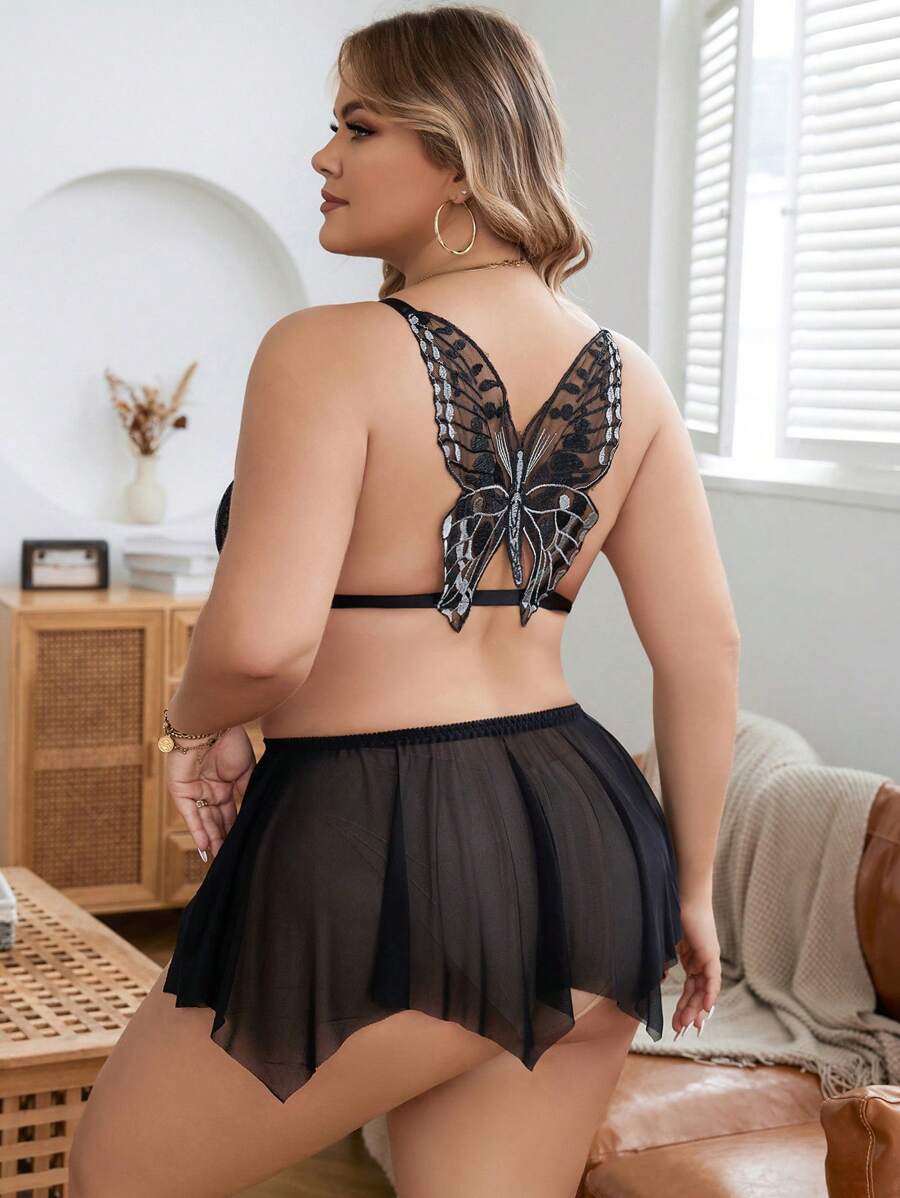 Plus Butterfly Embroidery Mesh Lingerie Set Without Liner - Black - View 1