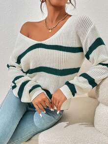 SHEIN Essnce Jersey de rayas de hombros caídos escote V - Verde Oscuro - Ver 5