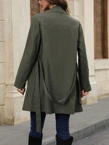 SHEIN Essnce Zip Up Belted Trench Coat - Army Green - View 2