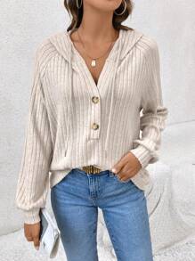 SHEIN Frenchy Raglan Sleeve Drawstring Hoodie - Apricot - View 3