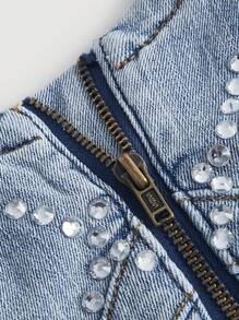 SHEIN MOD Rhinestone Detail Zip Up Denim Top - Light Wash - View 4