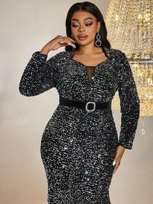 Plus Robe Habillée Col trou de serrure À Paillettes - Noir - Voir 3