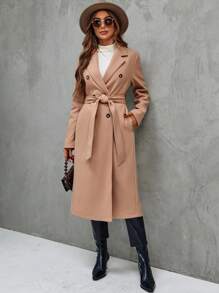 SHEIN Clasi Double Breasted Belted Overcoat - Khaki - View 5