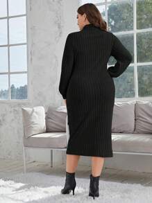 SHEIN Privé Plus Mock Neck Lantern Sleeve Ribbed Knit Dress Without Belt - Black - View 2