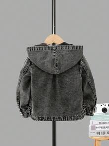 Young Boy Letter Patched Dual Pocket Denim Jacket Without Tee - Black - View 2