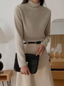 DAZY Women's Basic Thermal Lined Mock Neck Slim Fit Solid Color T-Shirt Fall,Winter Long Sleeve Top - Khaki - View 2