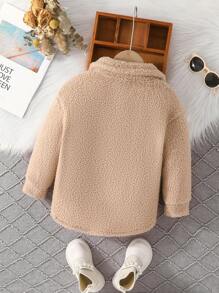 SHEIN 女小童1入組翻蓋口袋落肩袖絨毛外套 - 卡其色 - 查看 2