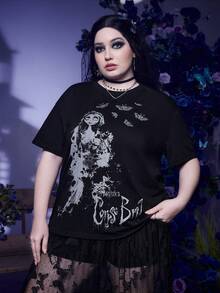 Corpse Bride | ROMWE Plus Áo thun trễ vai họa tiết hoạt hình - màu đen - Xem 4