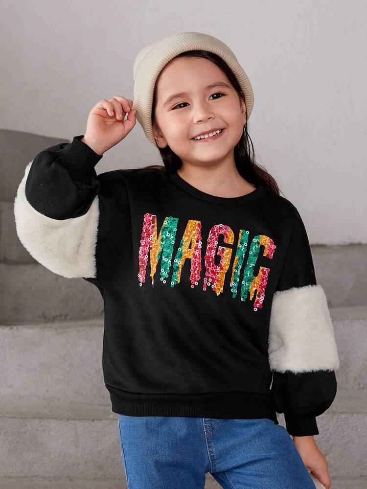 Young Girl Letter Graphic Contrast Teddy Lantern Sleeve Sweatshirt,In Fall/Winter