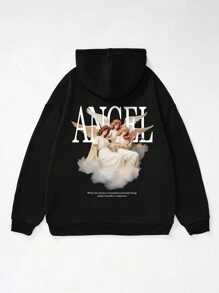 Men Plus Slogan & Angel Print Kangaroo Pocket Drawstring Thermal Hoodie - Black - View 1