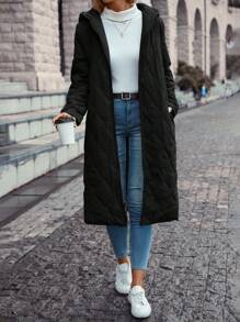 SHEIN LUNE Zip Up Hooded Longline Quilted Coat - Black - View 3