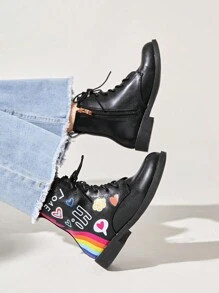 女孩公主靴子,平底學校鞋,黑色皮革短靴適用於小女孩 - 黑色 - 查看 2