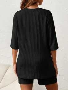 SHEIN Maternity Solid Drop Shoulder Tee & Adjustable Waist Shorts - Black - View 2