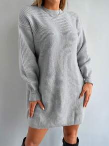 EURMUSE Drop Shoulder Ribbed Knit Sweater Dress Without Belt - Grey - View 5