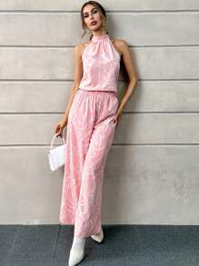 SHEIN Privé Allover Print Halter Top & Wide Leg Pants - Pink - View 5