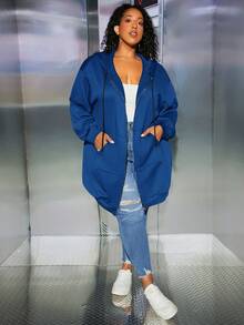 SHEIN CURVE+ Plus Size Zip Up Drop Shoulder Drawstring Sweatshirt - Blue - View 6