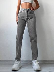 RueChic High Waist Mom Fit Jeans - Grey - View 1