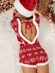 SHEIN LUNE Christmas Pattern Tie Backless Fuzzy Trim Sweater Romper - Red and White - View 1