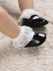 學院黑色瑪麗珍鞋適用於女孩嬰兒蝴蝶結裝飾貼布裝飾平底鞋