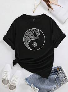 SHEIN LUNE 大碼陰陽印花T恤 - 黑色 - 查看 1