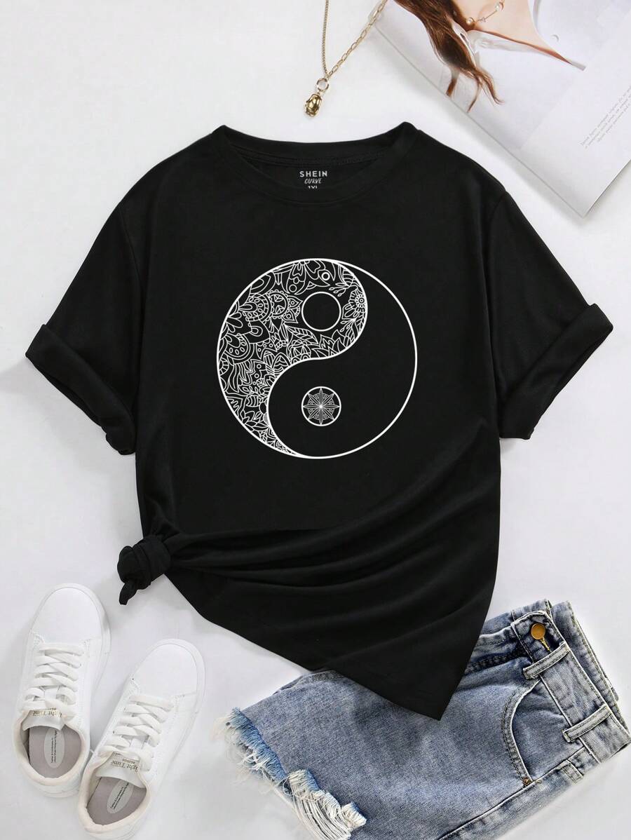 SHEIN LUNE 大碼陰陽印花T恤 - 黑色 - 查看 1